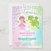 Princess and Dragon Birthday Invitation Siblings Kaart (Voorkant)