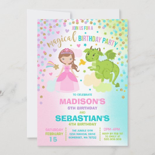 Princess and Dragon Birthday Invitation Siblings Kaart (Voorkant)