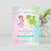 Princess and Dragon Birthday Invitation Siblings Kaart (Staand voorkant)