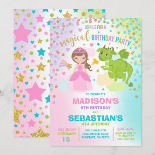 Princess and Dragon Birthday Invitation Siblings Kaart