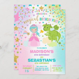 Princess and Dragon Birthday Invitation Siblings Kaart