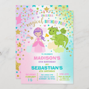 Princess and Dragon Birthday Invitation Siblings Kaart
