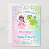 Princess and Dragon Birthday Invitation Siblings Kaart (Voorkant)