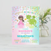 Princess and Dragon Birthday Invitation Siblings Kaart (Staand voorkant)