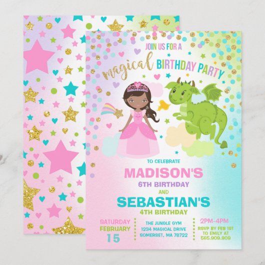 Princess and Dragon Birthday Invitation Siblings Kaart (Voorkant / Achterkant)