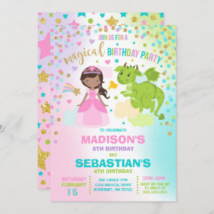 Princess and Dragon Birthday Invitation Siblings Kaart