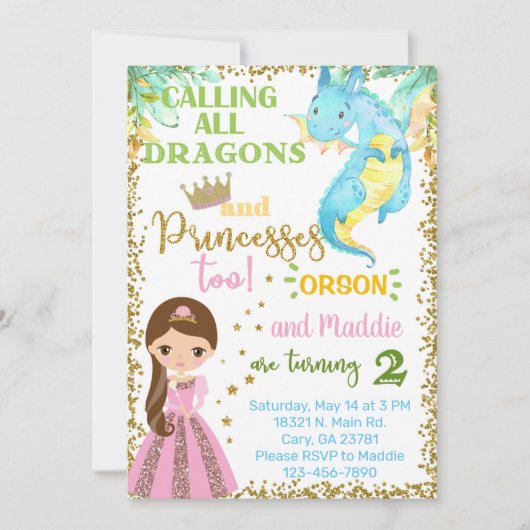 Princess and dragon siblings birthday invitation. kaart (Voorkant)