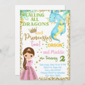 Princess and dragon siblings birthday invitation. kaart (Voorkant / Achterkant)