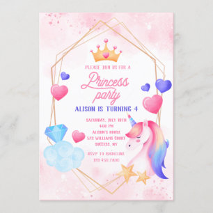 Princess and her Unicorn Birthday Party Kaart