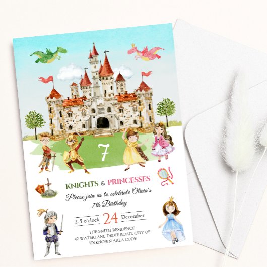 Princess and Knight Magical Dragon Kids Birthday Kaart
