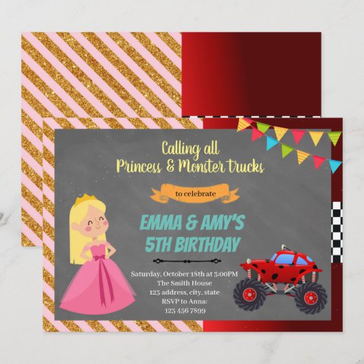 Princess and monster truck joint party Invitation Kaart (Voorkant / Achterkant)