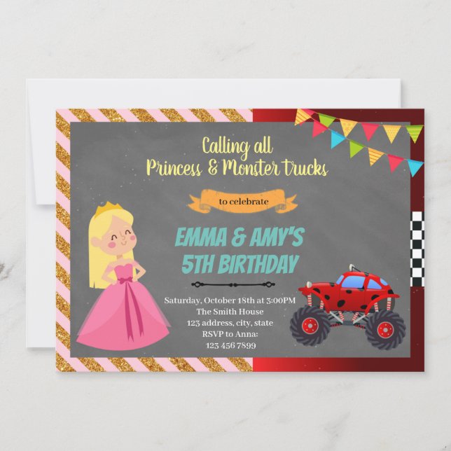 Princess and monster truck joint party Invitation Kaart (Voorkant)