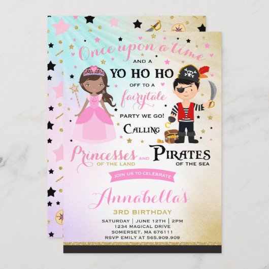 Princess and Pirate Birthday Invitation Kaart (Voorkant / Achterkant)