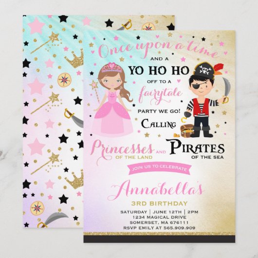 Princess and Pirate Birthday Invitation Kaart (Voorkant / Achterkant)