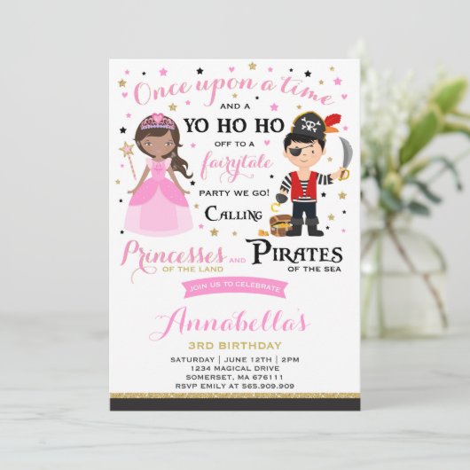 Princess and Pirate Birthday Invitation Kaart (Staand voorkant)