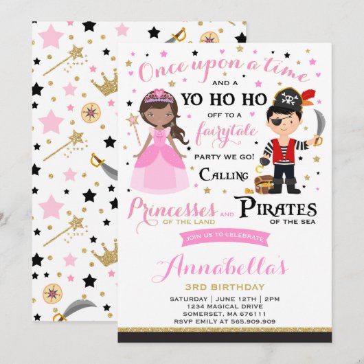 Princess and Pirate Birthday Invitation Kaart (Voorkant / Achterkant)