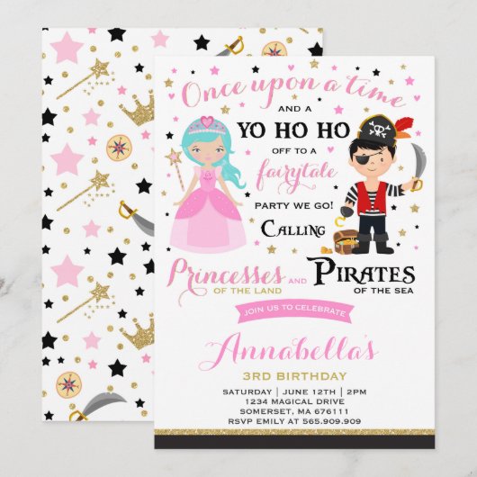 Princess and Pirate Birthday Invitation Kaart (Voorkant / Achterkant)