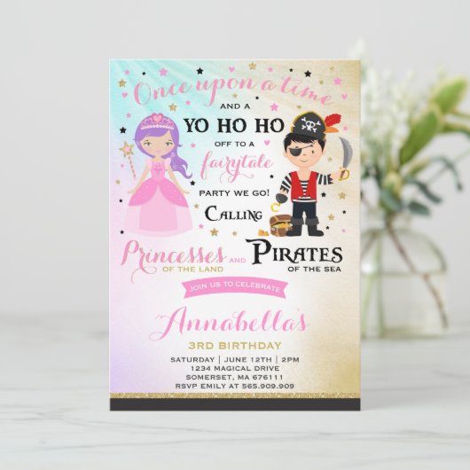 Princess and Pirate Birthday Invitation Kaart (Staand voorkant)