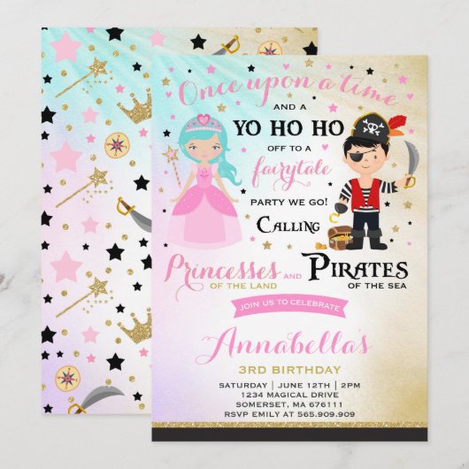 Princess and Pirate Birthday Invitation Kaart (Voorkant / Achterkant)