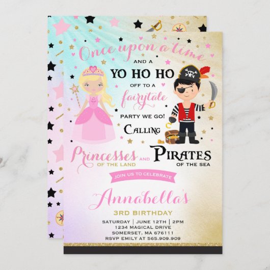 Princess and Pirate Birthday Invitation Kaart (Voorkant / Achterkant)