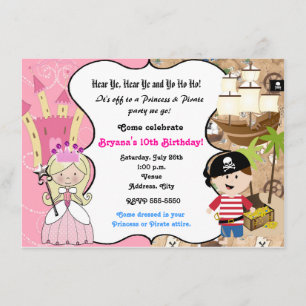 Princess and Pirate Birthday Party Invitation Kaart