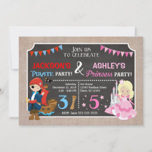 Princess and Pirate Joint BIrthday Invitation Kaart