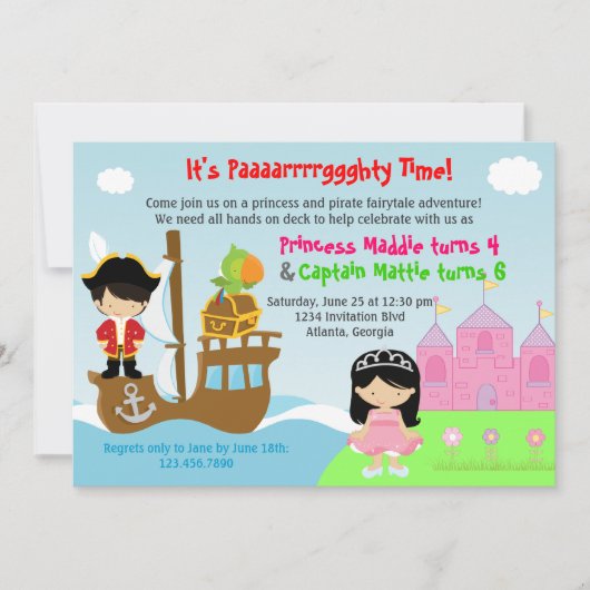 Princess and Pirate Twins Joint Birthday Party Kaart (Voorkant)