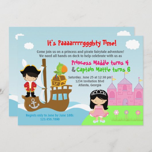 Princess and Pirate Twins Joint Birthday Party Kaart (Voorkant / Achterkant)