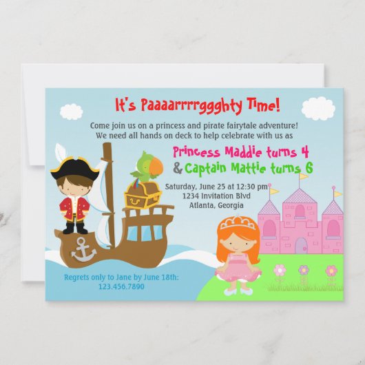 Princess and Pirate Twins Joint Birthday Party Kaart (Voorkant)