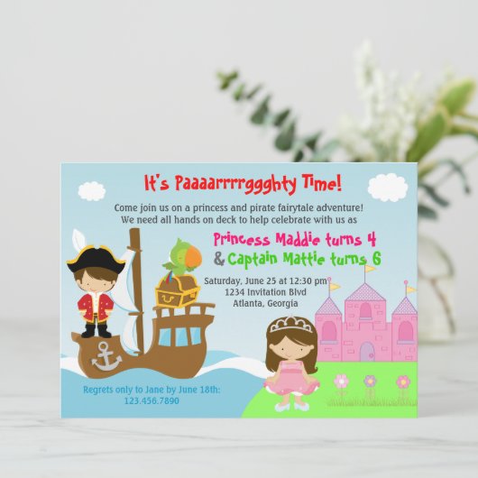 Princess and Pirate Twins Joint Birthday Party Kaart (Staand voorkant)