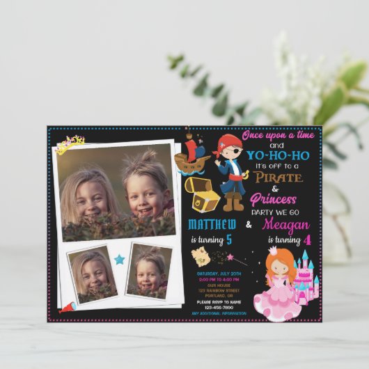 Princess and Pirate-verjaardagsuitnodiging Twee th Kaart (Staand voorkant)