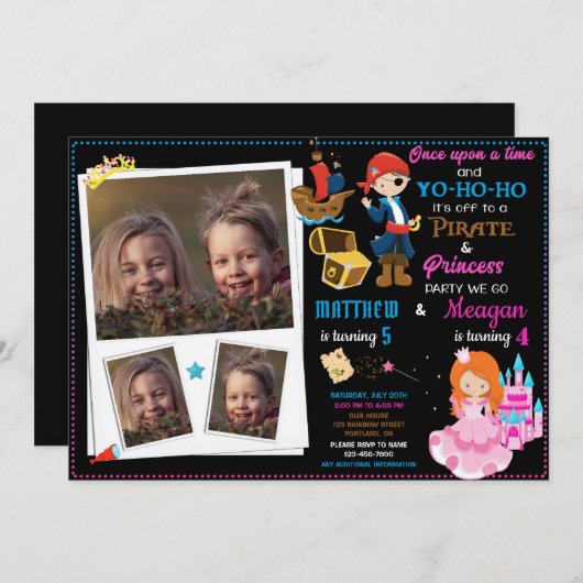 Princess and Pirate-verjaardagsuitnodiging Twee th Kaart (Voorkant / Achterkant)