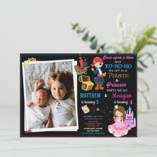 Princess and Pirate-verjaardagsuitnodiging Twee th Kaart (Staand voorkant)