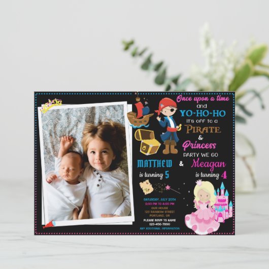 Princess and Pirate-verjaardagsuitnodiging Twee th Kaart (Staand voorkant)