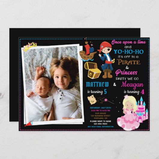 Princess and Pirate-verjaardagsuitnodiging Twee th Kaart (Voorkant / Achterkant)