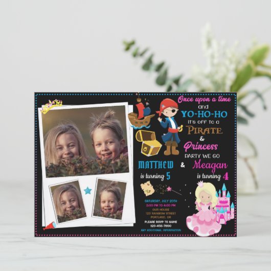 Princess and Pirate-verjaardagsuitnodiging Twee th Kaart (Staand voorkant)
