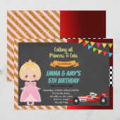 Princess and race car joint party Invitation Kaart (Voorkant / Achterkant)