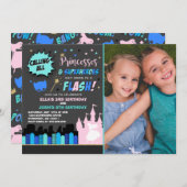 Princess and Superheld Birthday Invitation Kaart (Voorkant / Achterkant)
