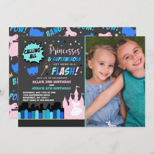 Princess and Superheld Birthday Invitation Kaart (Voorkant / Achterkant)