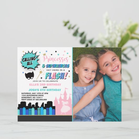 Princess and Superheld Birthday Invitation Kaart (Staand voorkant)