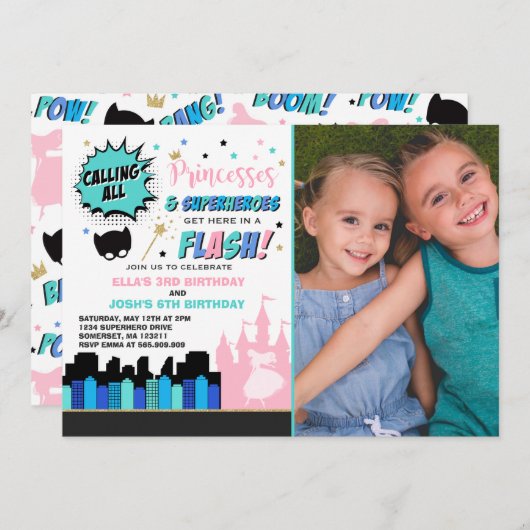 Princess and Superheld Birthday Invitation Kaart (Voorkant / Achterkant)