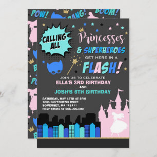 Princess and Superheld Birthday Invitation Kaart
