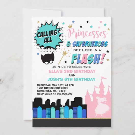 Princess and Superheld Birthday Invitation Kaart (Voorkant)
