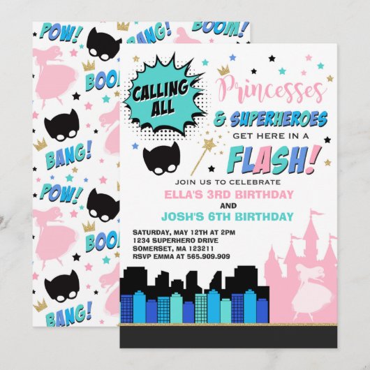 Princess and Superheld Birthday Invitation Kaart (Voorkant / Achterkant)