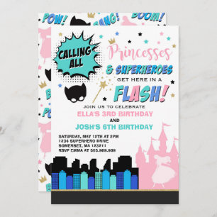Princess and Superheld Birthday Invitation Kaart