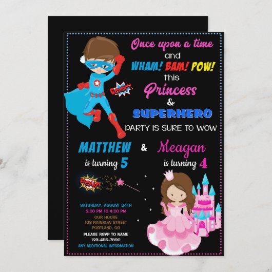 Princess and Superheldino's verjaardagsuitnodiging Kaart (Voorkant / Achterkant)