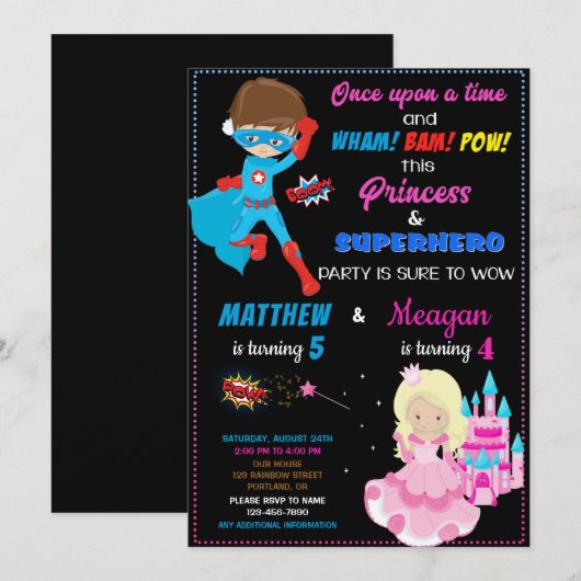 Princess and Superheldino's verjaardagsuitnodiging Kaart (Voorkant / Achterkant)