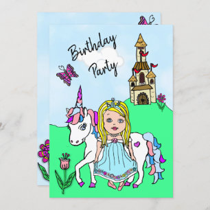 Princess and Unicorn Girl's Birthday Party Kaart
