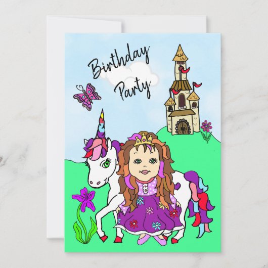 Princess and Unicorn Girl's Birthday Party Kaart (Voorkant)