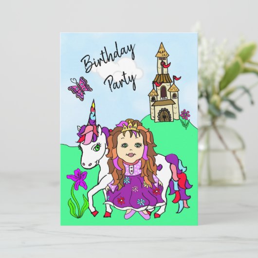 Princess and Unicorn Girl's Birthday Party Kaart (Staand voorkant)
